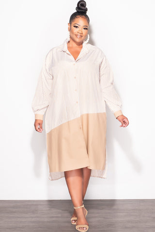 Final Sale Plus Size Collar Button Up Shirt Dress in White and Tan