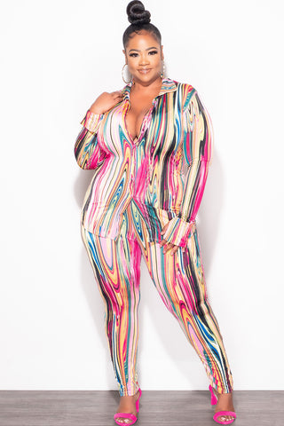 Final Sale Plus Size 2-Piece Button Up Collar Top and Pants Set in Multi Color Print