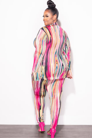 Final Sale Plus Size 2-Piece Button Up Collar Top and Pants Set in Multi Color Print