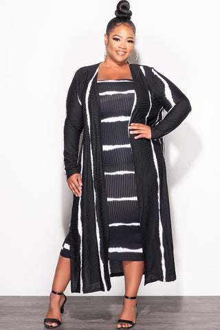 Final Sale Plus Size Ribbed 2pc Set Tube Dress With Duster in Black and Ivory Tie Dye Print