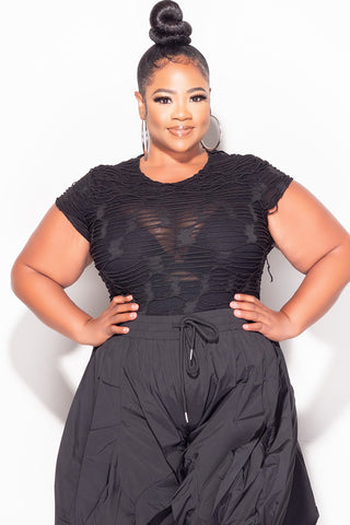 Final Sale Plus Size Short Sleeve Mesh See-Thru Textured Bodysuit in Black