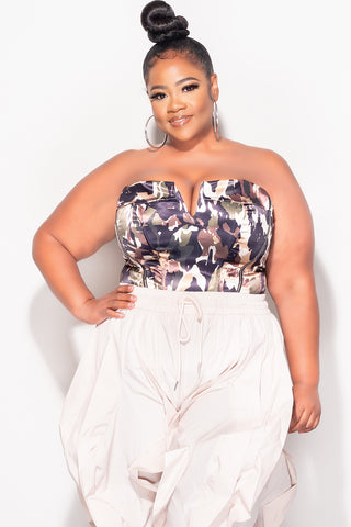 Final Sale Plus Size Satin Strapless Corset Thong Bodysuit in Camouflage Print