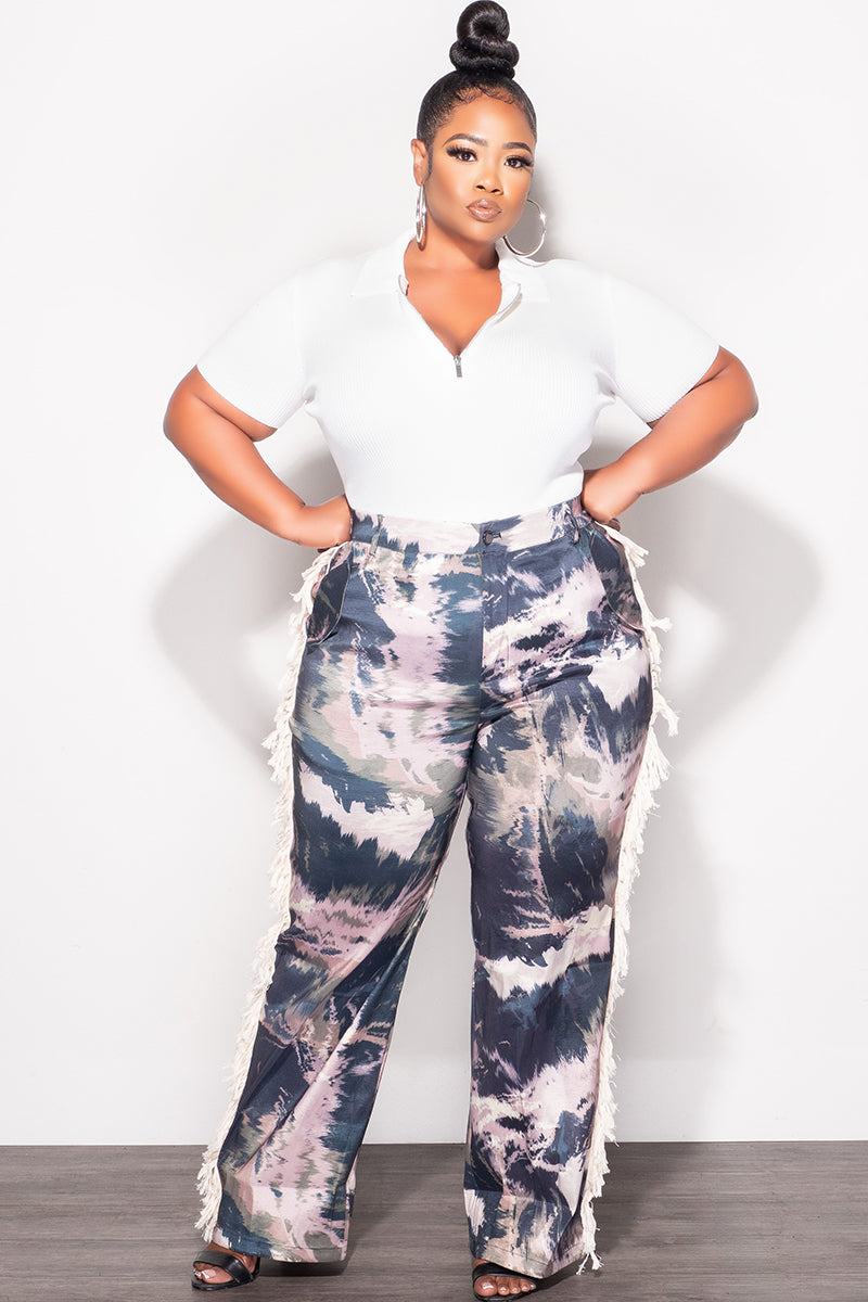 Final Sale Plus Size Pants with Beige Fringes On The Side in Navy & Beige & Olive - Grunge Paint G602