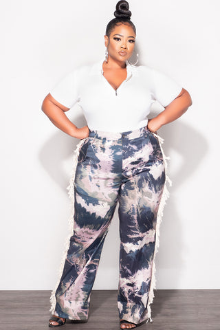 Final Sale Plus Size Pants with Beige Fringes On The Side in Navy & Beige & Olive - Grunge Paint G602