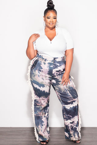 Final Sale Plus Size Pants with Beige Fringes On The Side in Navy & Beige & Olive - Grunge Paint G602