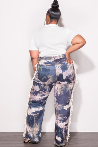 Final Sale Plus Size Pants with Beige Fringes On The Side in Navy & Beige & Olive - Grunge Paint G602