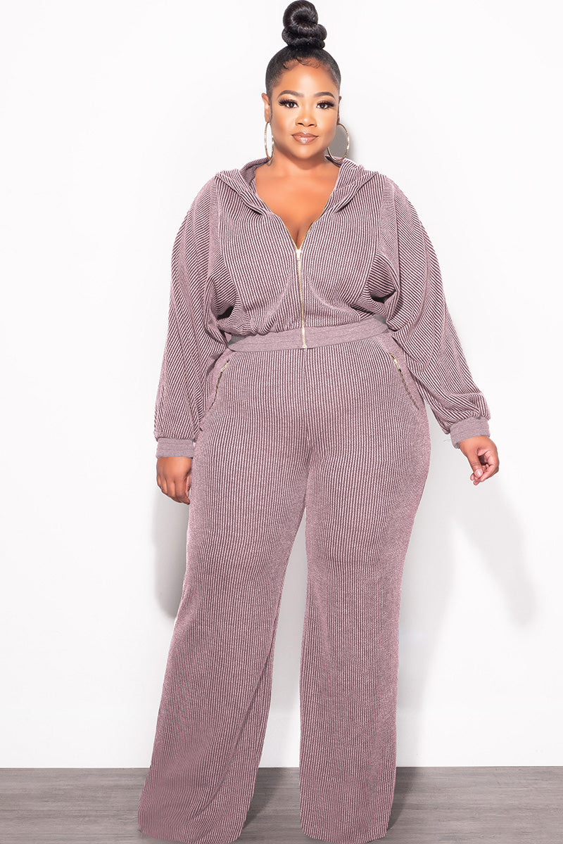 Final Sale Plus Size Plush Ribbed 2pc Hooded Zip-Up Jacket and Pants Set in Lavender
