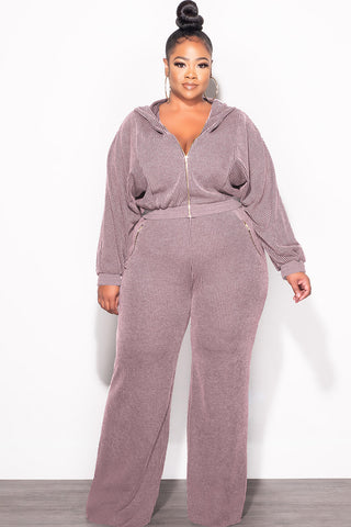 Final Sale Plus Size Plush Ribbed 2pc Hooded Zip-Up Jacket and Pants Set in Lavender