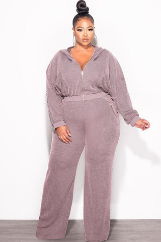 Final Sale Plus Size Plush Ribbed 2pc Hooded Zip-Up Jacket and Pants Set in Lavender