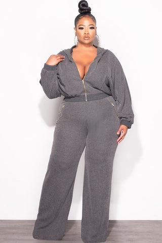 Final Sale Plus Size Plush Ribbed 2pc Hooded Zip-Up Jacket and Pants Set in Black