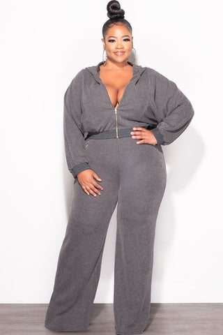 Final Sale Plus Size Plush Ribbed 2pc Hooded Zip-Up Jacket and Pants Set in Black