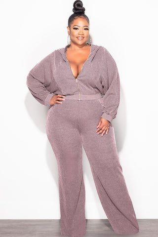 Final Sale Plus Size Plush Ribbed 2pc Hooded Zip-Up Jacket and Pants Set in Lavender