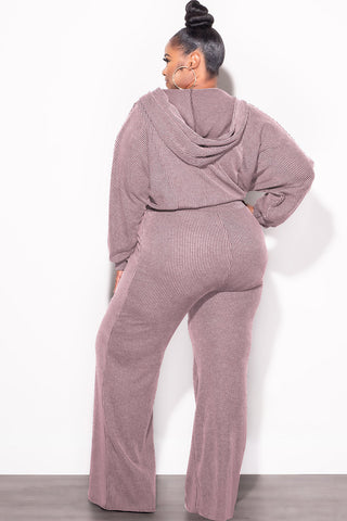 Final Sale Plus Size Plush Ribbed 2pc Hooded Zip-Up Jacket and Pants Set in Lavender
