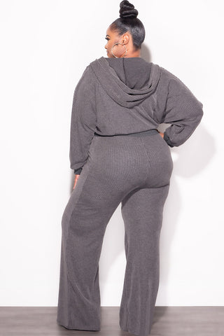 Final Sale Plus Size Plush Ribbed 2pc Hooded Zip-Up Jacket and Pants Set in Black