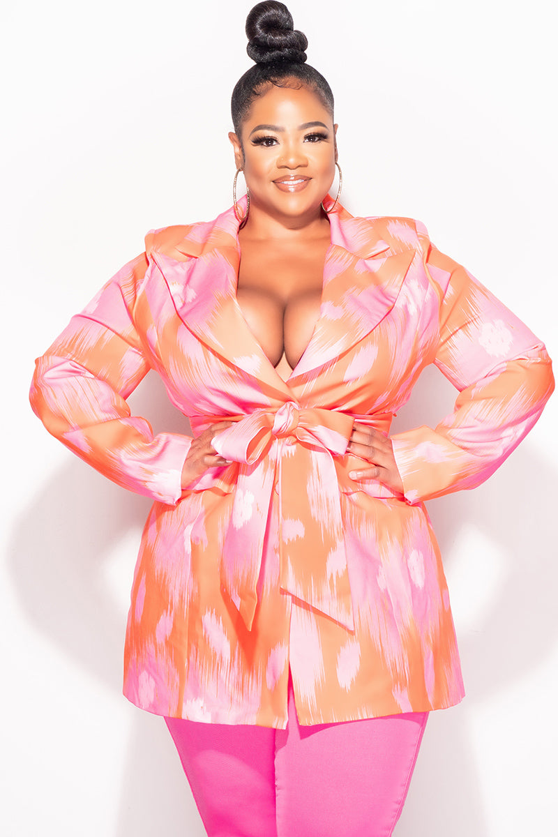 Final Sale Plus Size Blazer in Neon Pink and Orange Design Print
