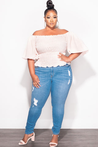 Final Sale Plus Size Off the Shoulder Smocked Top in Tan
