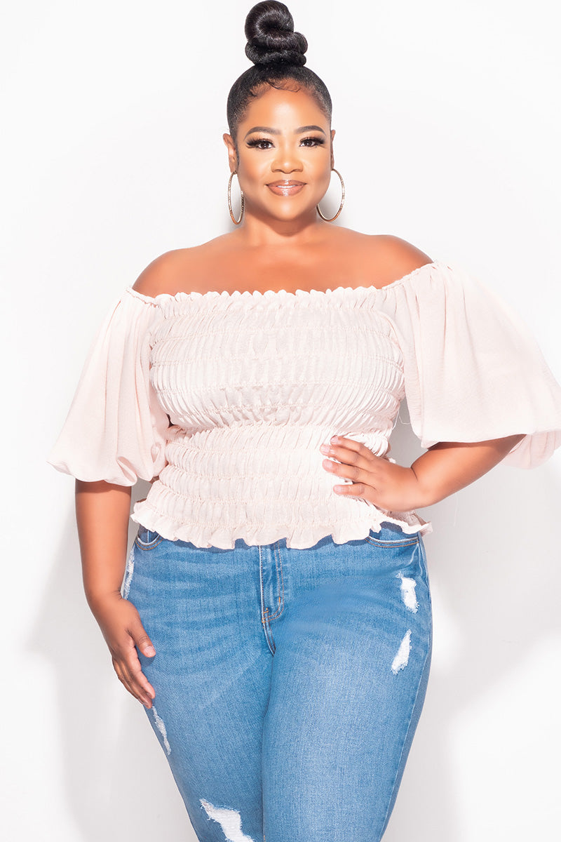 Final Sale Plus Size Off the Shoulder Smocked Top in Tan