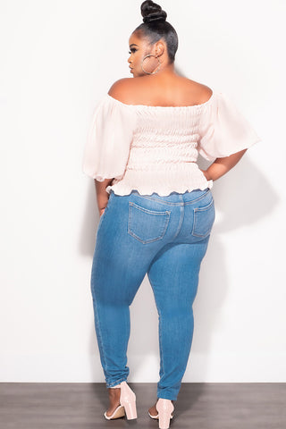 Final Sale Plus Size Off the Shoulder Smocked Top in Tan