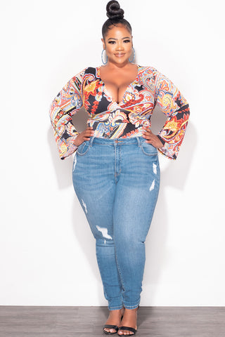 Final Sale Plus Size Faux Wrap Bodysuit in Black Multi Color Design Print