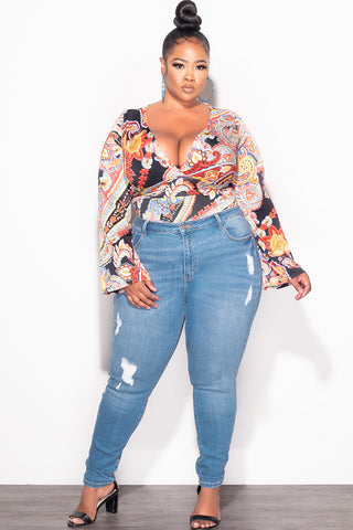Final Sale Plus Size Faux Wrap Bodysuit in Black Multi Color Design Print