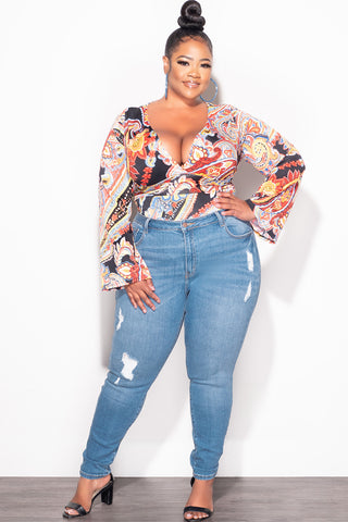 Final Sale Plus Size Faux Wrap Bodysuit in Black Multi Color Design Print