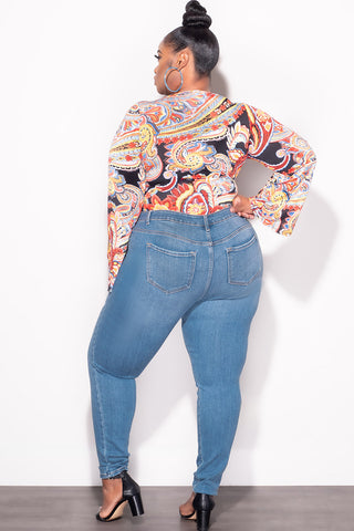 Final Sale Plus Size Faux Wrap Bodysuit in Black Multi Color Design Print