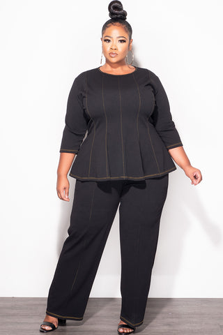 Final Sale Plus Size 2pc Peplum Top with 3/4 Sleeves and Pants Set in Black