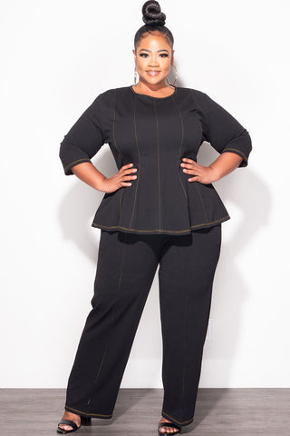Final Sale Plus Size 2pc Peplum Top with 3/4 Sleeves and Pants Set in Black