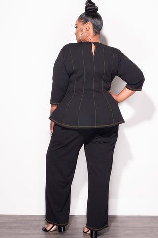 Final Sale Plus Size 2pc Peplum Top with 3/4 Sleeves and Pants Set in Black
