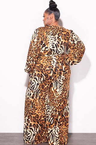 Final Sale Plus Size Faux Wrap Tie Jumpsuit in Brown Leopard Print