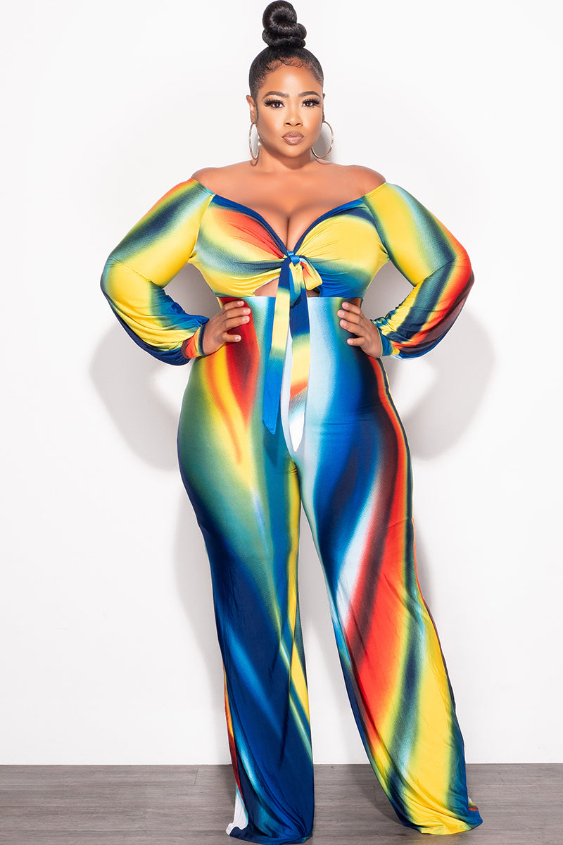 Final Plus Size Front Tie Jumpsuit in Royal Blue, Orange, Green & Yellow