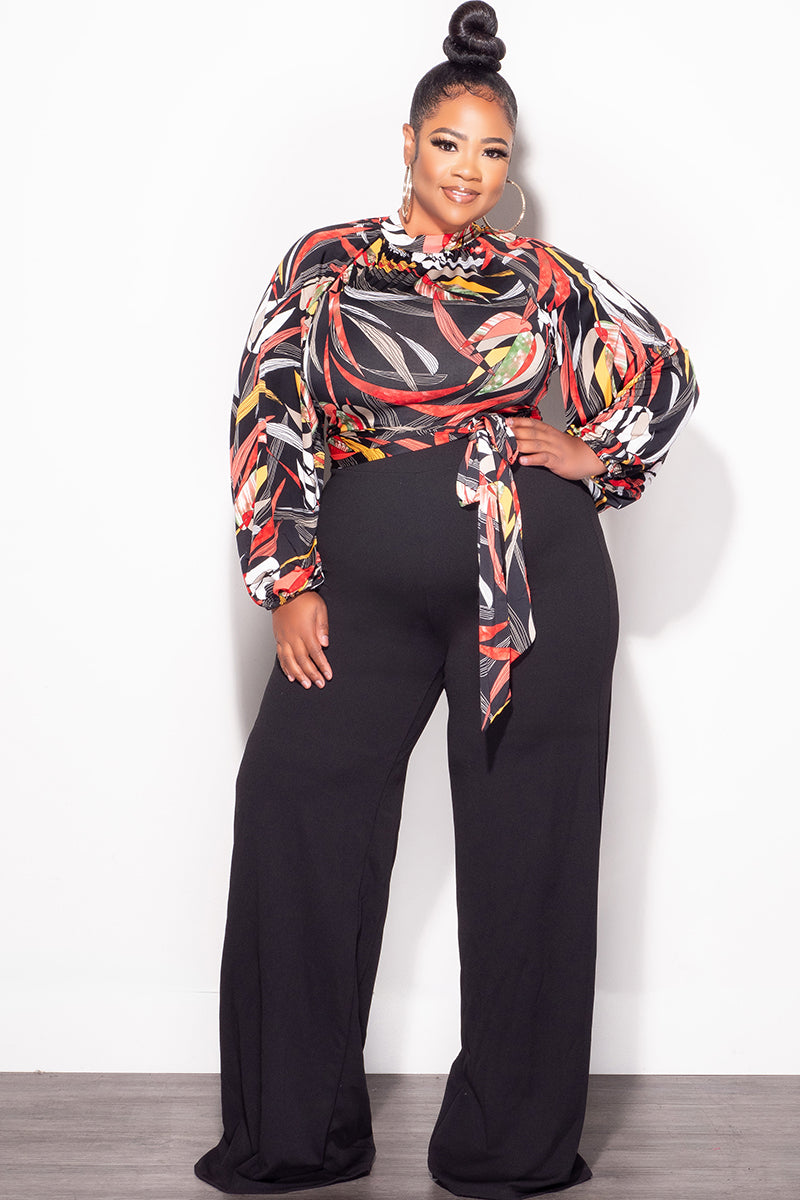Final Sale Plus Size Colorblock Jumpsuit with Tie in Black Multi Color Leaf Print