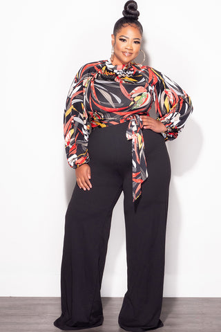 Final Sale Plus Size Colorblock Jumpsuit with Tie in Black Multi Color Leaf Print