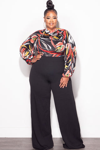 Final Sale Plus Size Colorblock Jumpsuit with Tie in Black Multi Color Leaf Print