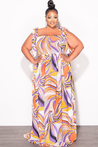 Final Sale Plus Size Chiffon Maxi Dress with Self Tie Shoulder Straps in Purple Multi Color Print