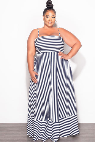Final Sale Plus Size Frill Spaghetti Strap Maxi Dress in White and Navy Stripe Print