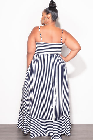 Final Sale Plus Size Frill Spaghetti Strap Maxi Dress in White and Navy Stripe Print