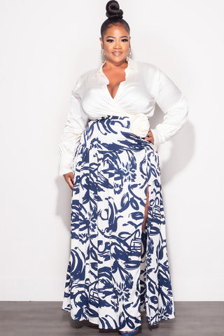 Final Sale Plus Size Satin Collar Faux Wrap ColorBlock Dress in Ivory and Navy Design Print