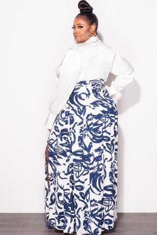Final Sale Plus Size Satin Collar Faux Wrap ColorBlock Dress in Ivory and Navy Design Print