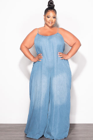 Final Sale Plus Size Sleeveless Chambray Jumpsuit in Denim Color