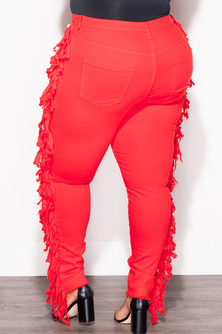Final Sale Plus Size Tassel with Taupe Lace Up Jeans in Red Denim