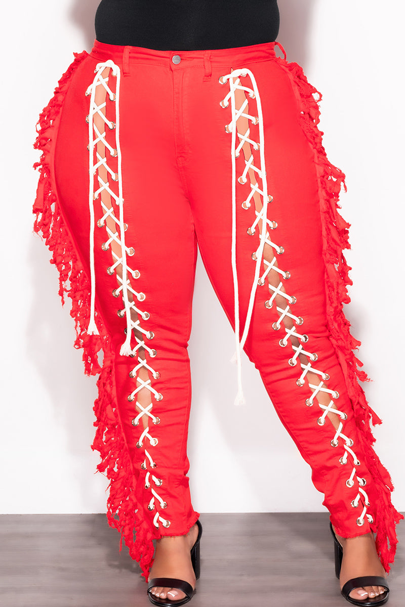 Final Sale Plus Size Tassel with Taupe Lace Up Jeans in Red Denim