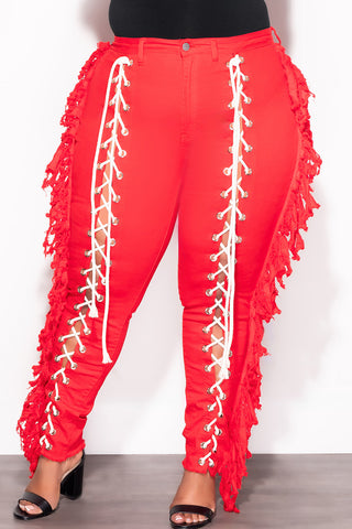 Final Sale Plus Size Tassel with Taupe Lace Up Jeans in Red Denim