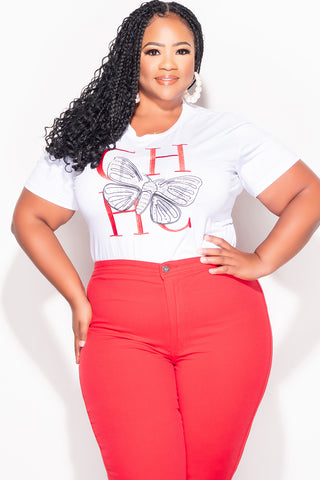 Final Sale Plus Size Butterfly with Pearls Graphic Top in White and Red