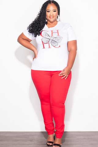 Final Sale Plus Size Butterfly with Pearls Graphic Top in White and Red