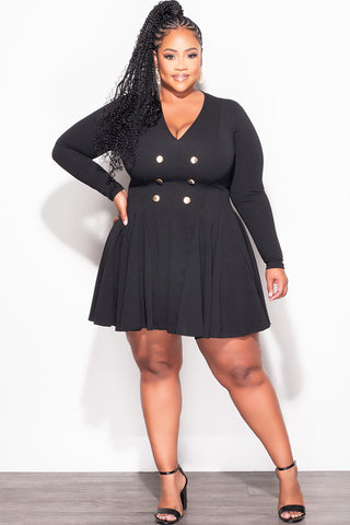 Final Sale Plus Size Long Sleeve Baby Doll Dress with Gold Buttons in Black