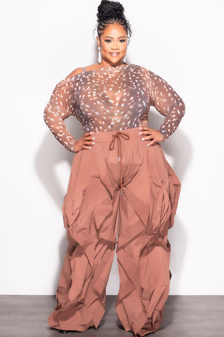 Final Sale Plus Size Wide Leg Drawstring Oversized Windbreaker Wavy Pants in Brown