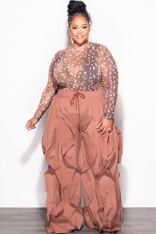 Final Sale Plus Size Wide Leg Drawstring Oversized Windbreaker Wavy Pants in Brown