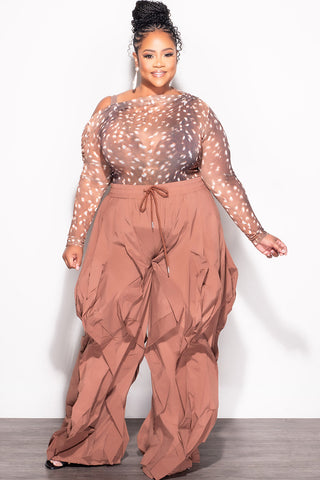 Final Sale Plus Size Wide Leg Drawstring Oversized Windbreaker Wavy Pants in Brown