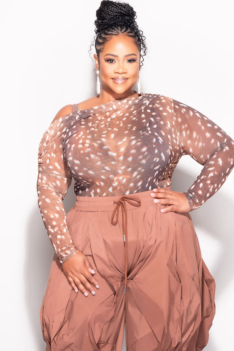 Final Sale Plus Size Off The Shoulder Sheer Top in Bambi Animal Print